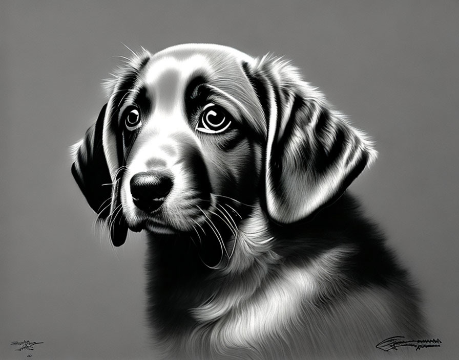 Detailed black and white puppy illustration with soulful eyes and glossy coat on grey background