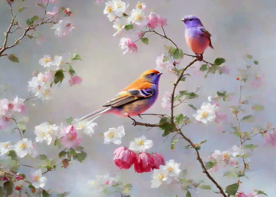 Colorful Birds Among White and Pink Blossoms on Dreamy Background