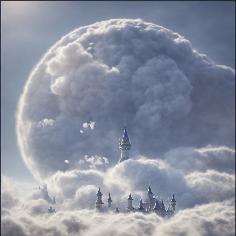 Whimsical castle on fluffy clouds under soft sunlight