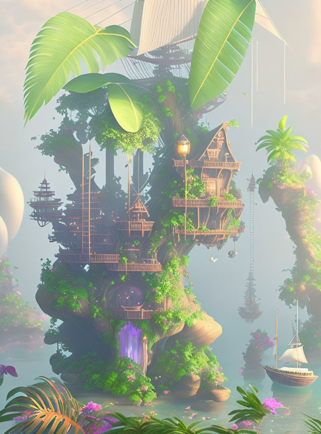 Fantastical treehouse with wooden structures, bridges, lush greenery, fog, waterfall, sail