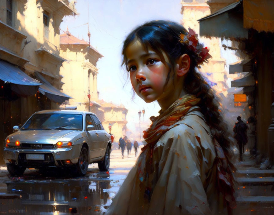 Young girl with solemn expression on bustling street with wet pavement reflections