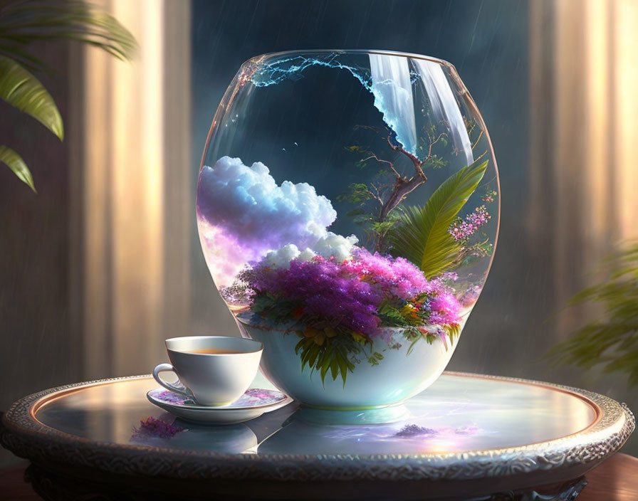 Surreal image of vase with bouquet, stormy sky, teacup, wooden table,