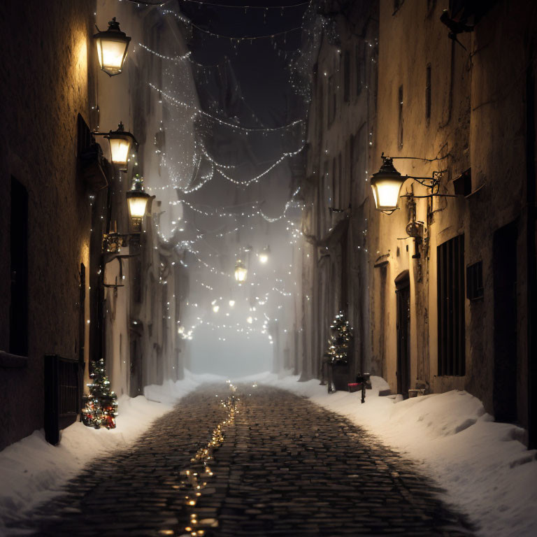 Snowy cobblestone alley with festive Christmas decorations