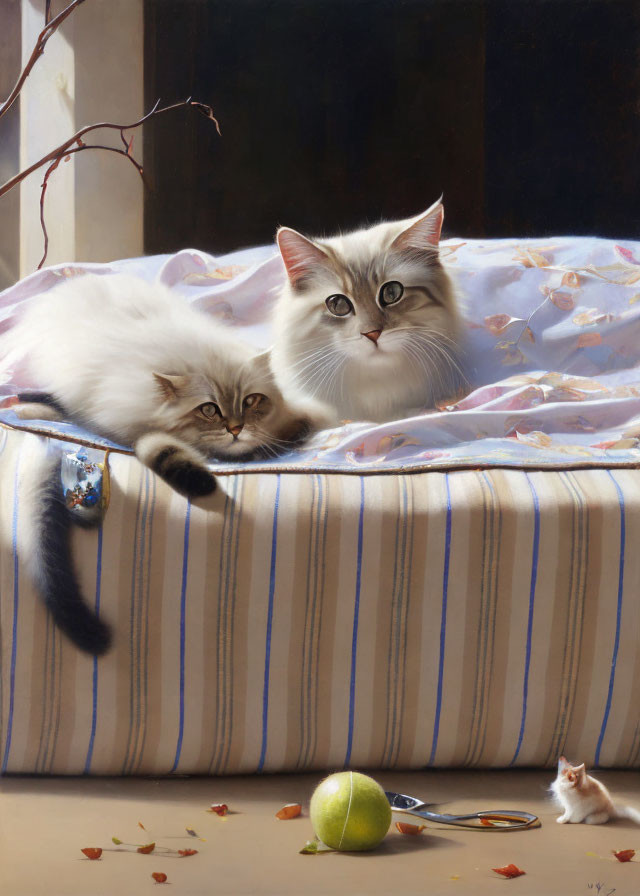 Fluffy Cats on Striped Cushion with Cat Figurine and Green Apple among Autumn Leaves