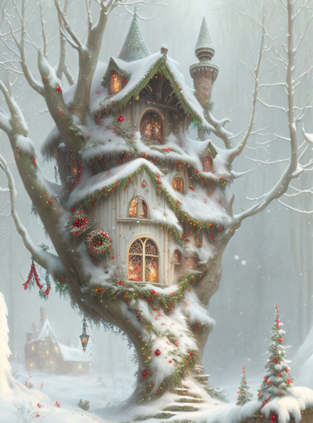 Snowy Landscape with Christmas-Adorned Treehouse