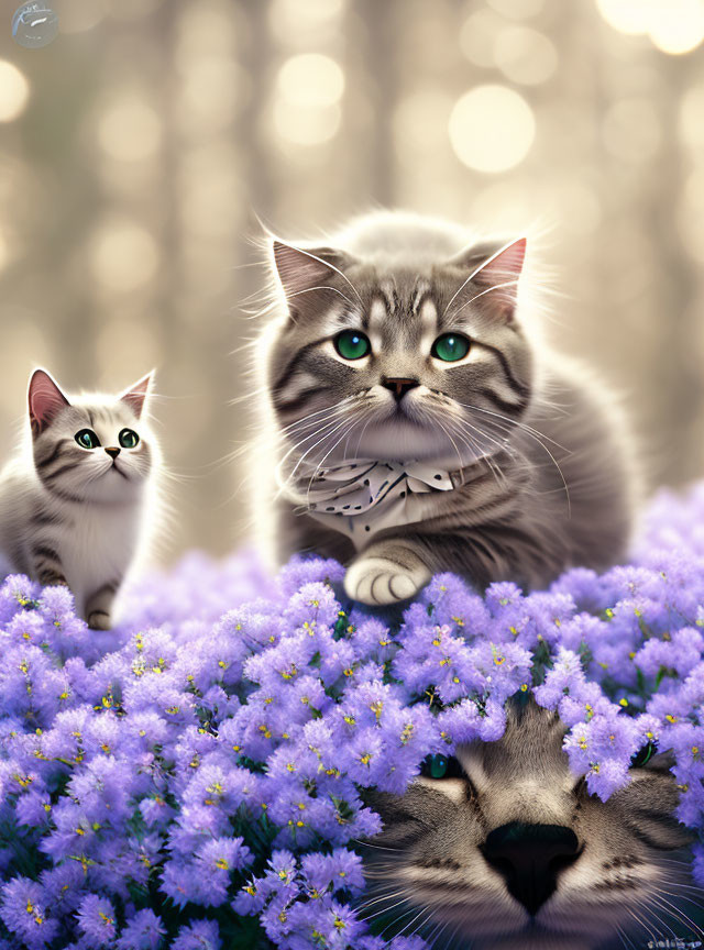 Three Cats Among Purple Flowers Digital Artwork