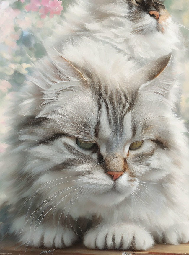 Fluffy White and Grey Cat with Yellow Eyes and Long Whiskers Resting