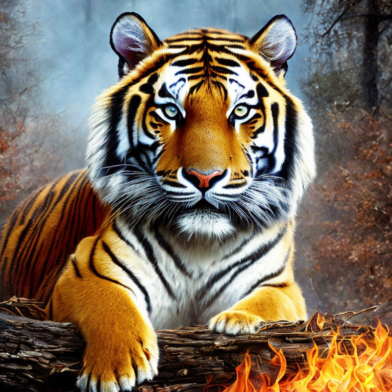 Majestic tiger with orange and black stripes on log above embers