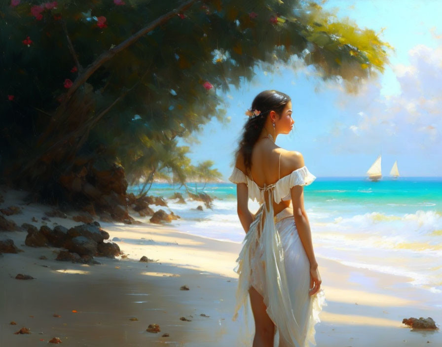 Woman in white dress on sunny beach gazes at sailboat with flowering branches.