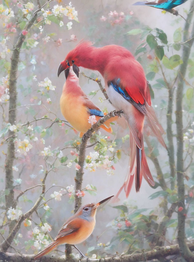 Colorful Birds on Branch Among Blossoming Trees and Mist