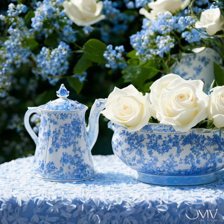 Blue and White Porcelain Teapot with Matching Bowl and White Roses on Floral Tablecloth