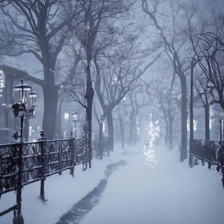 Snowy Twilight Park Path with Trees, Fences, Lampposts, and Holiday Lights