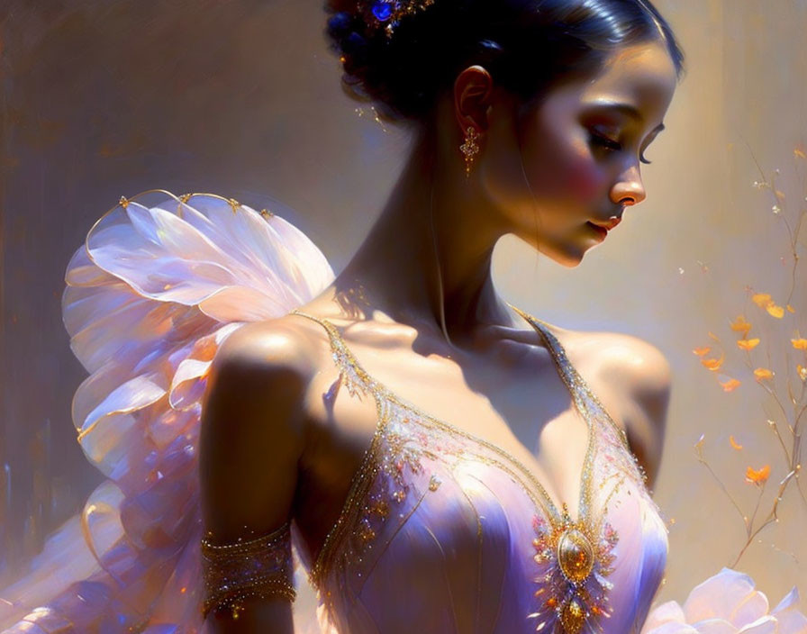 Woman with translucent wings and floral dress: Ethereal art piece.