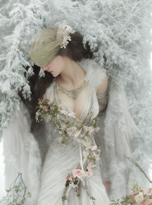 Woman in white dress with flowers in serene snowy setting