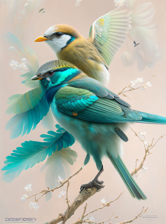 Colorful Illustrated Birds Perched on Branches with Spread Wings