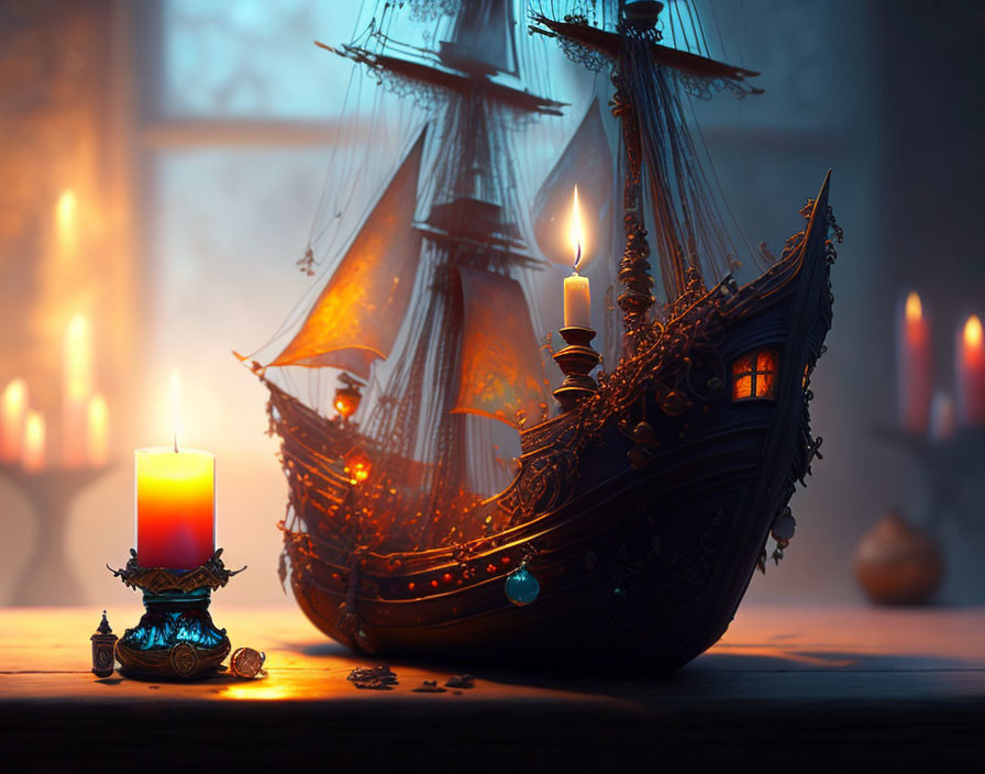 Detailed Model Ship on Table by Foggy Window with Lit Candles