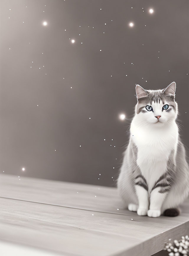 Grey and White Cat with Blue Eyes on Wooden Surface Against Grey Background