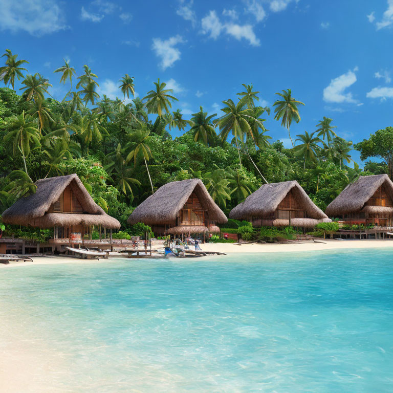 Tropical Beach Resort with Thatched Huts and Palm Trees