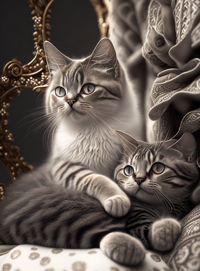 Two elegant striped cats in luxurious setting