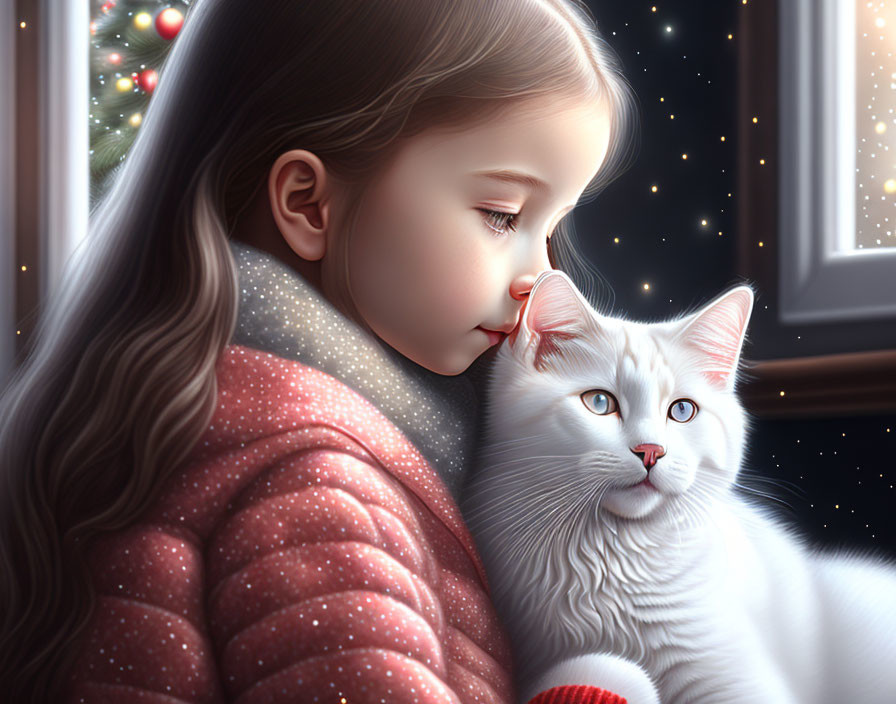 Young girl with brown hair cuddles white cat by snowy window