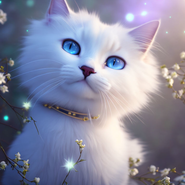 Fluffy white cat digital artwork with blue eyes and gold collar surrounded by lights and blossoms