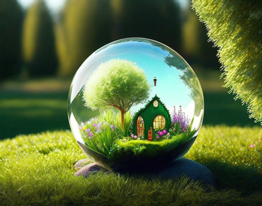 Vibrant miniature world with house, tree, and flowers in crystal ball