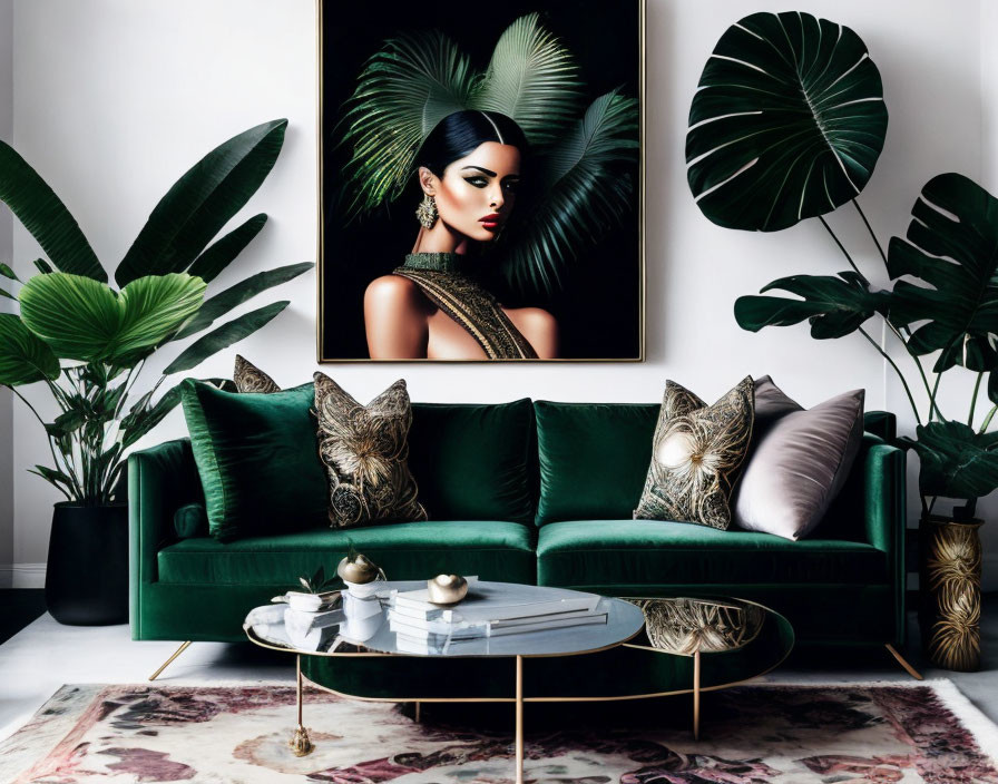 Stylish living room with green velvet sofa, tropical plants, gold coffee table, and portrait above