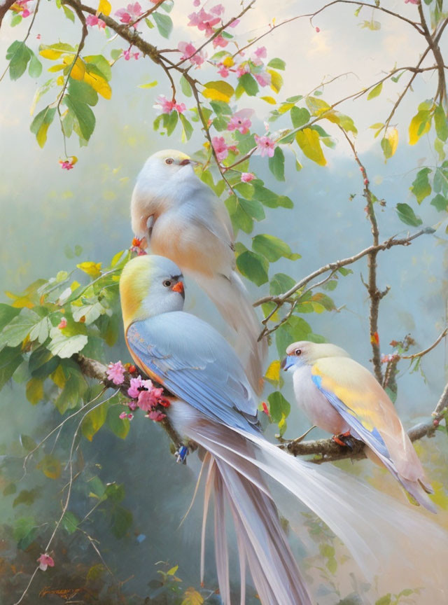 Vibrant parakeets on blooming branch with blurred backdrop