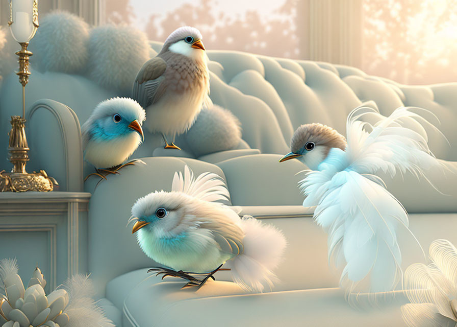 Stylized birds with fluffy feathers on blue couch in sunlit room