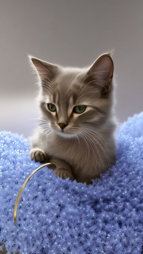 Fluffy white cat with green eyes on blue textured surface with golden object