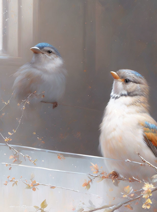 Two birds on branch in soft lighting, one looking out window, other facing viewer