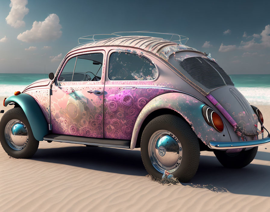 Colorful Vintage Volkswagen Beetle on Beach with Psychedelic Paint Job