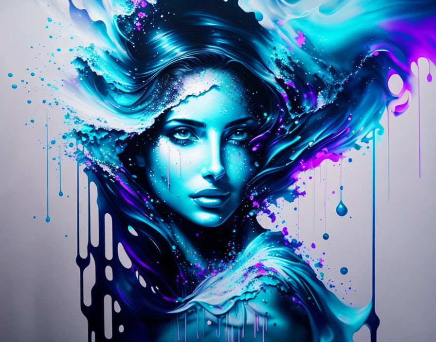 Colorful digital portrait of woman with blue and purple hair and abstract paint splatters