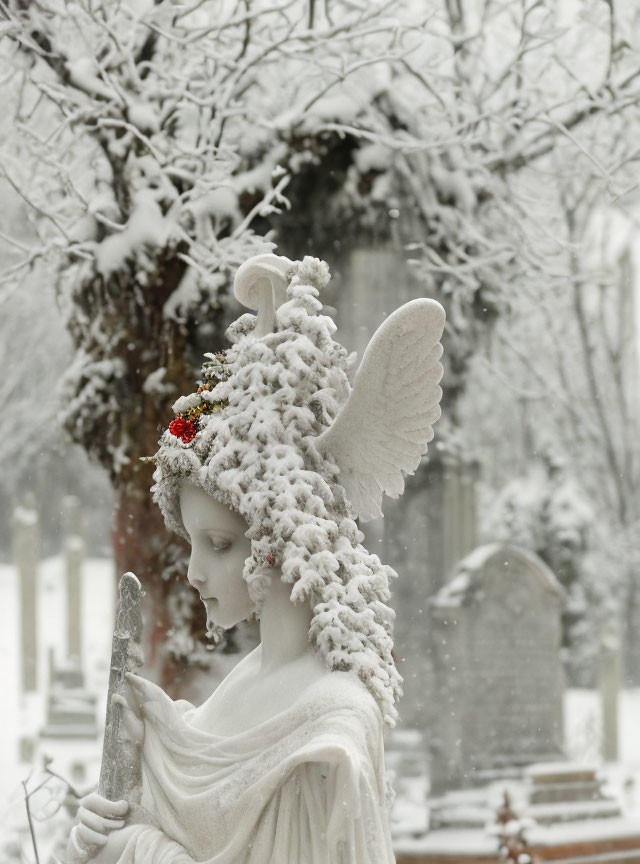 Snow-covered angel statue with floral crown in wintry cemetery