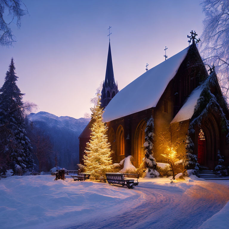 Snow-covered church with illuminated Christmas tree and lights at twilight.