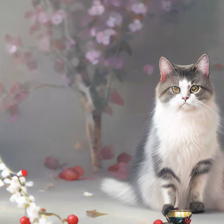 Fluffy Cat with Unique Facial Markings Surrounded by Flowers and Berries