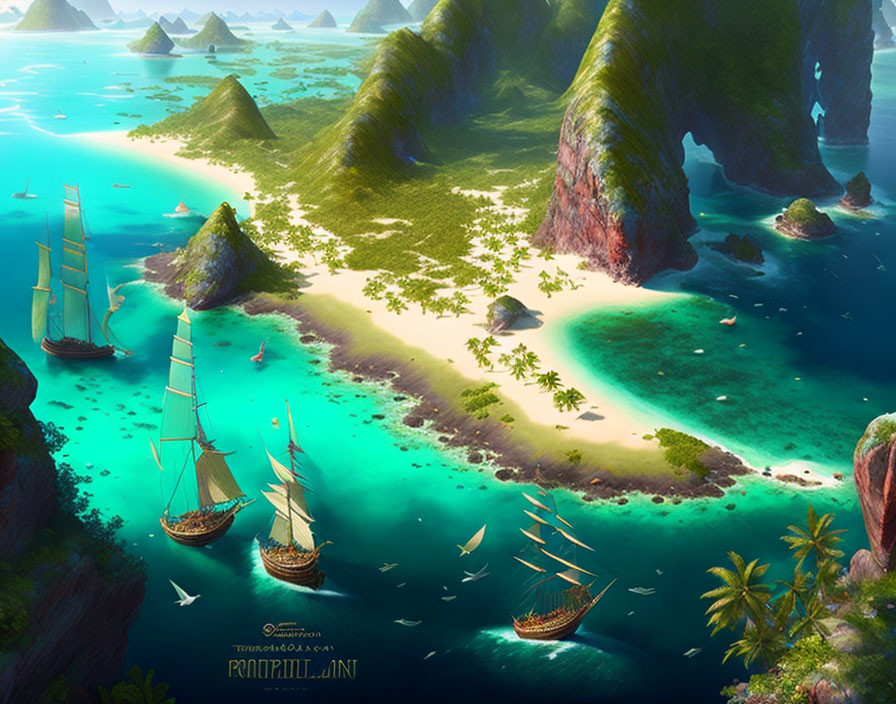 Tropical paradise with sailing ships, lush islands, turquoise water, sandy beaches, and rock formations.