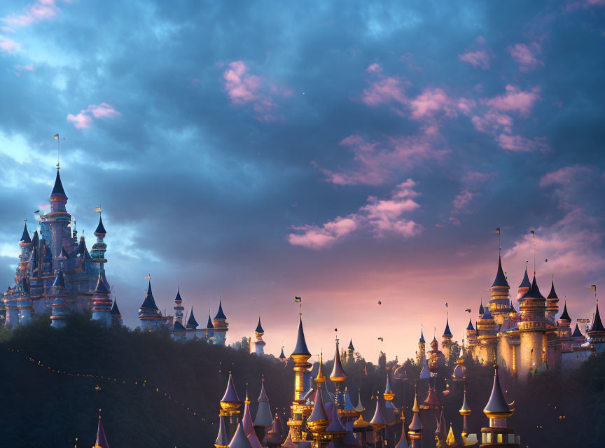 Enchanting Castle with Illuminated Spires at Twilight