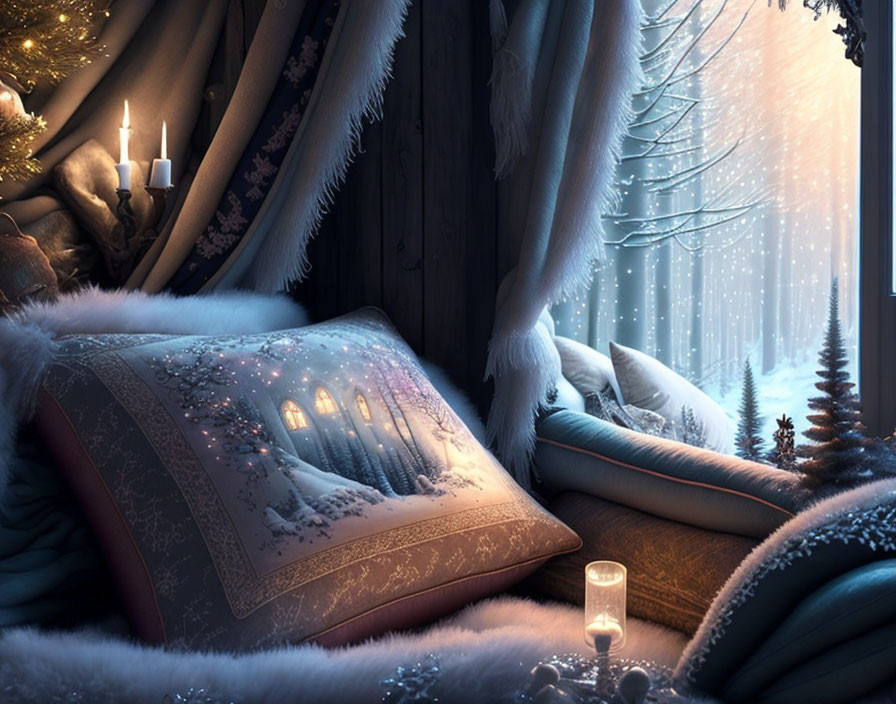 Winter-themed cushion with snowy village, candles, and snowy window view on cozy blue blankets.