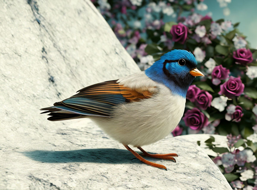 Colorful Bird with Blue Head, Orange Wings, White Body, and Pink Roses on Rock