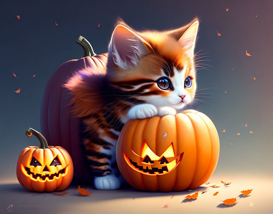 Blue-eyed kitten next to pumpkin with jack-o'-lantern face, surrounded by falling leaves