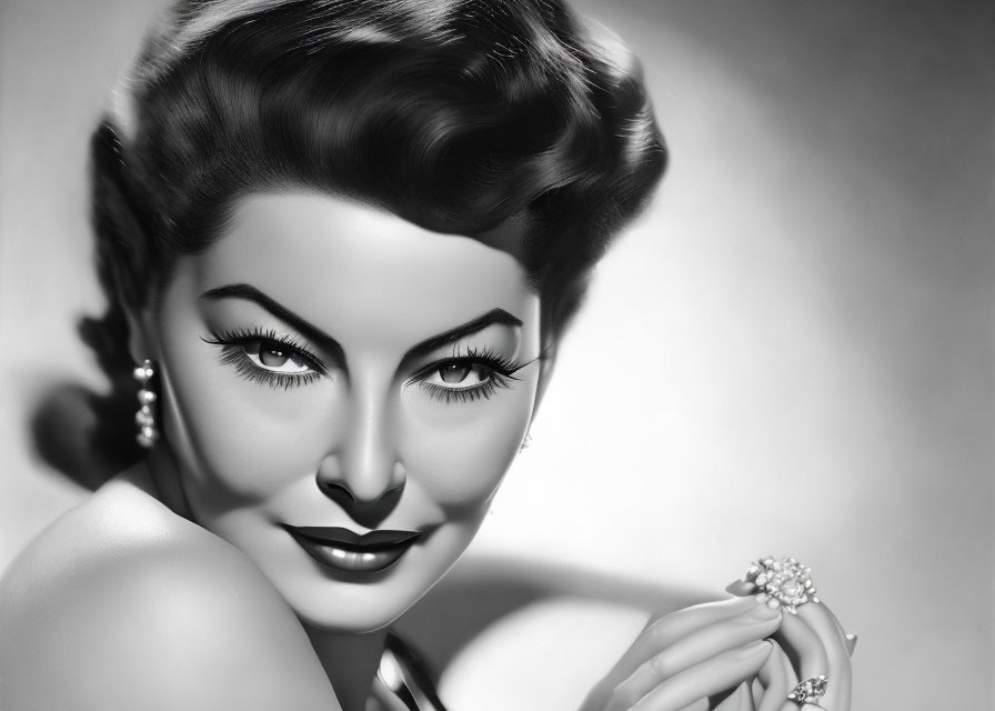 Vintage black and white portrait of a woman with elegant makeup and accessories