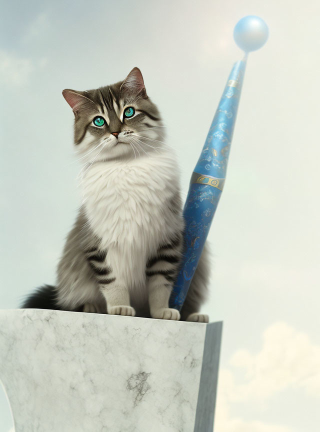 Regal Long-Haired Cat with Green Eyes Beside Ornate Staff on Cloudy Sky Background