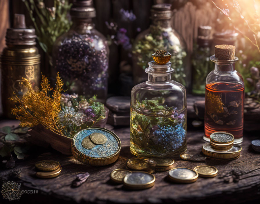 Vintage Apothecary Bottles and Dried Herbs with Old Coins on Wooden Table