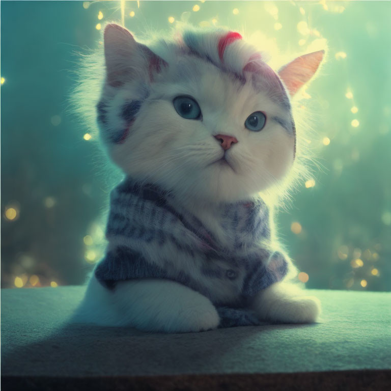 White Kitten in Striped Scarf Among Twinkling Lights