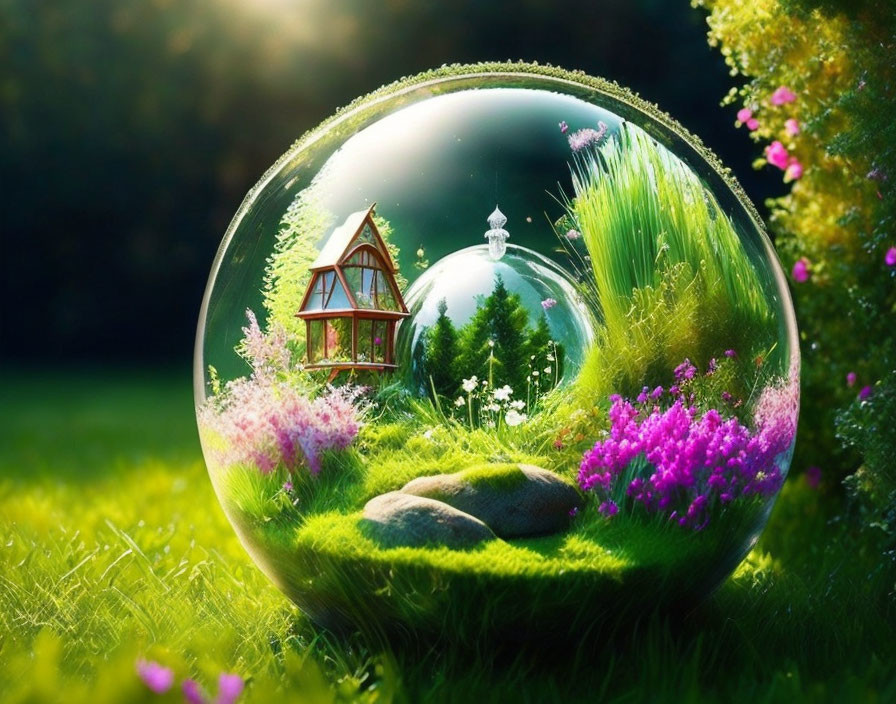 Translucent bubble with miniature landscape and glowing light