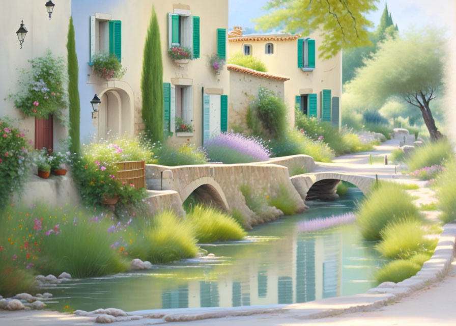 Tranquil water canal with small bridge and quaint houses in soft pastel colors