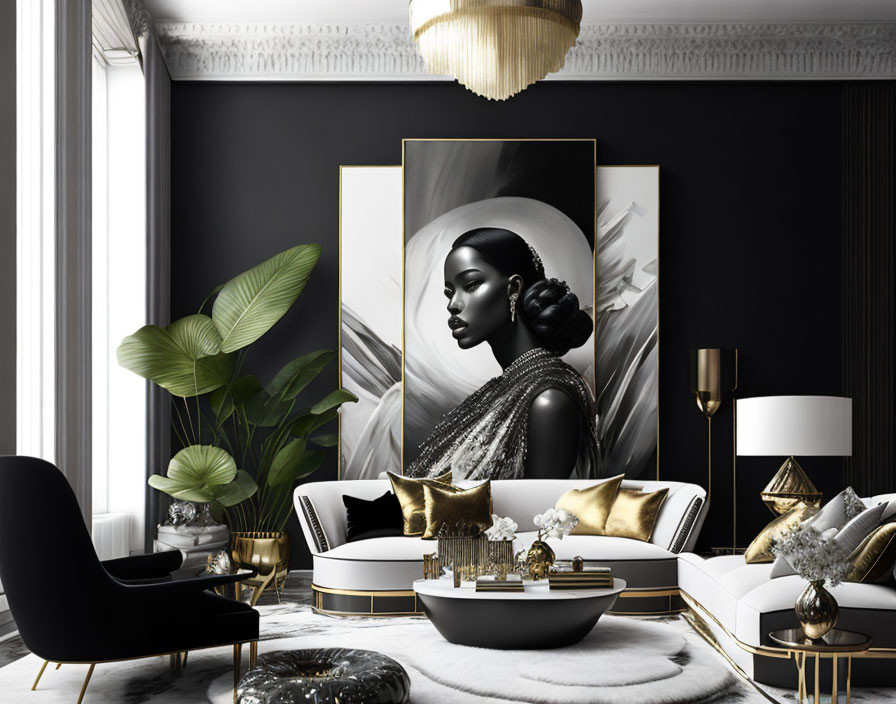 Luxurious living room with black and gold decor, portrait, modern furniture, and lush plants