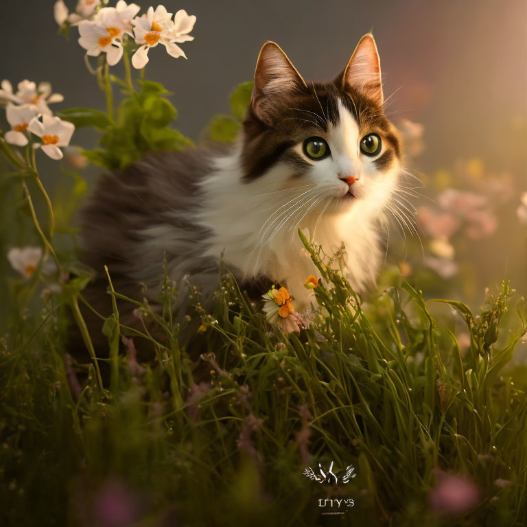 Bicolor Cat Surrounded by Flowers and Greenery