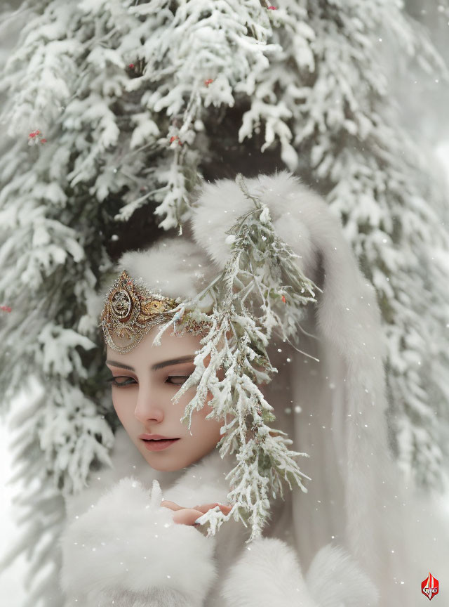 Person in White Fur Coat and Decorative Headpiece Standing Under Snow-Covered Pine Tree